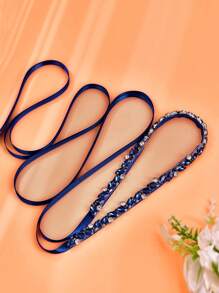 1 Pc Rhinestone Bridal Sash, Bridesmaid Dress Thin Waist Belt, Women's Daily Outfit, Party Occasion Dress Waist Accessory Valentine's Day Accessories - Navy Blue Ribbon - View 7