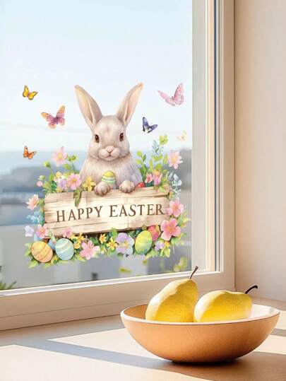 Adesivo de parede de coelho da Páscoa, "FELIZ PÁSCOA" com estampa de animal fofo, adesivo autoadesivo, compatível com superfícies de cerâmica, acabamento fosco, decoração de janelas de banheiro e vaso sanitário de uso único