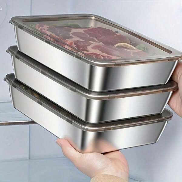 3 件装不锈钢食品储存容器 - 防漏、可重复使用，非常适合水果、肉类、蔬菜 | 易于清洁、可堆叠的厨房储物盒，适用于冰箱、冰柜和食品储藏室