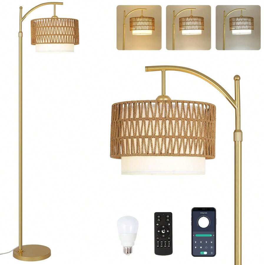 Floor Lamps For Living Room, Arc Standing Lamp With Remote & Dimmable Bulb, Boho Rattan Floor Lamp For Bedroom With 3 Color Temperatures, Farmhouse Tall Lamp, Height Adjustable Stand Up Lamp - 美規A型插(110-127V) - 查看 1