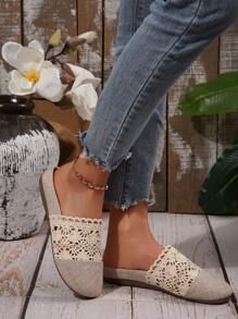 Fall/Winter Women's Lace Hollow Flat Mules, Comfortable Linen Casual Slip-On Sandals, Summer - Apricot - View 6