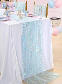 1件蓝色美人鱼亮片桌旗，美人鱼主题派对桌布，涤纶长方形闪光桌旗，节日生日婚礼派对装饰桌布，新娘送礼会/单身派对用品桌布，餐桌/派对桌布装饰桌裙，家居装饰桌布套装，派对礼物生日婚礼装饰 - 藍色 - 查看 2
