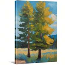 Two Green Pine Trees On A Sunny Day. Large Wooden Framed Wall Painting Artist Home Decoration Oil Painting - Bedroom, Bathroom, Living Room, Office, Kitchen, Christmas Gifts - 1 Piece