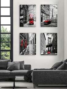 4pcs/Set Black And White Wall Art Bedroom Red Decor Paris Canvas Pictures For Living Room Bathroom London Eiffel Tower Landscape Painting New York City Wall Art Office Artwork Modern Home Decoration (No Framed)