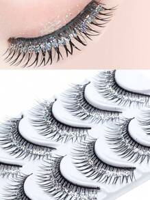 5 Pares/Caja de pestañas con brillo plateado y rhinestones, pestañas brillantes tipo hada, elegantes y relucientes para actuaciones en el escenario, Navidad, nieve, Día del niño y maquillaje de Halloween, pestañas gruesas para niños