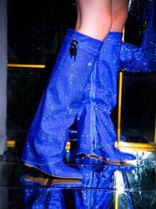 Women's  Fold Over Rhinestone Boots - Single Pointy Toe Metallic/Holo Knee High High Heel For Festival Shoes - 藍色 - 查看 1