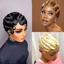 Curly Wave Finger Wave Wig Virgin Peruvian Remy Human Hair Short Pixie Cut Wigs For Women Curly Glueless Wig Full Machine Made Really Cute Finger Waves Hairstyles Short Ocean Wave Pixie Cut Wig