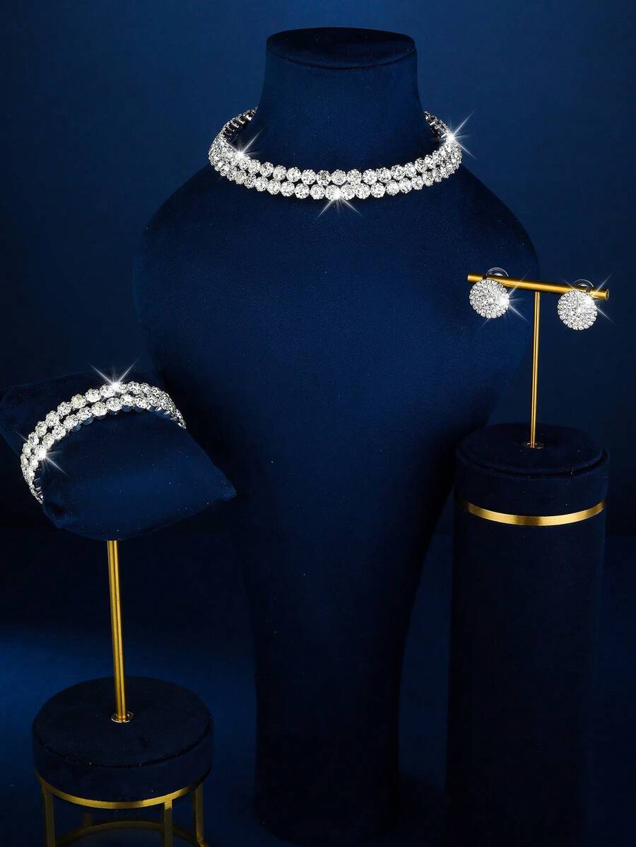 Bộ trang sức cưới châu Phi 3 món bằng pha lê, bao gồm dây chuyền, bông tai và vòng tay, thích hợp cho phụ nữ đeo hàng ngày, đám cưới, tiệc tùng và các dịp khác. - trắng - Xem 1