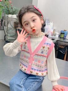 enmi bear 女童针织上衣，秋冬季保暖无袖外套，时尚户外背心，粉色休闲上衣 - 粉色 - 查看 9