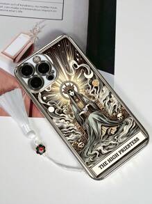 1 szt. Biały galwanizowany wzór karty tarota Arcykapłanki z antypoślizgową obudową na telefon komórkowy i 1 szt. biały wisiorek z emalii z frędzlami, kompatybilny ze smartfonami iPhone///OPPO, w tym iPhone 15 Pro Max, A14, A54, A52, A31 4G, A23, Redmi Note 8 Pro, 11 Pro 4G, 12 4G, OPPO A54