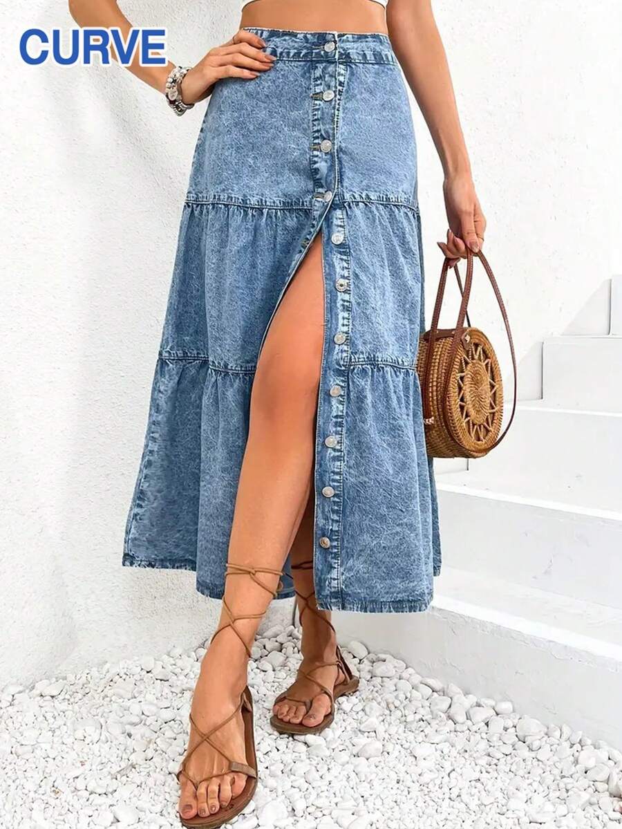 Plus Size Women Button Front Pleated Casual Denim Skirt, Street Style Fashion, 90% Cotton Non-Stretch Fabric - Blue - View 1