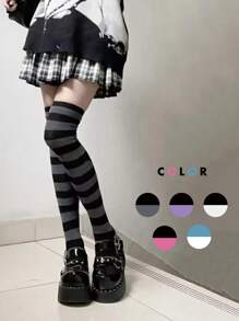 1 par de medias largas a la rodilla a rayas para mujer, con rayas de colores de moda, medias hasta los muslos, medias largas, medias para niñas, medias de fiesta, medias de baile, estilo punk, rockstar, para uso diario