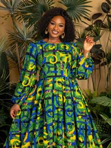 Faeriesty TribalChic Plus Shirt Neck Short Sleeves Printed Belted Casual Romper - Green - View 7