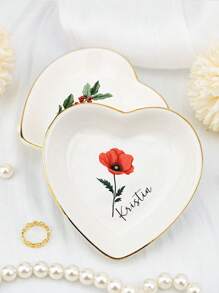 1PC Personalised Customised Heart Shaped Birthstone Ring Tray With Name, Ceramic Jewellery Tray Suitable For Girlfriends/Mothers/Sisters, Bridesmaid Bridal Jewellery Storage Tray, Storage Tray, Mother's Day Customised Gift For Her