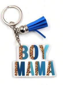 1pc Acrylic Key Chain, Mother's Day Gift "BOY MAMA" Leopard Print Blue Key Chain Tassel Car Accessories Bag Charm School Letter