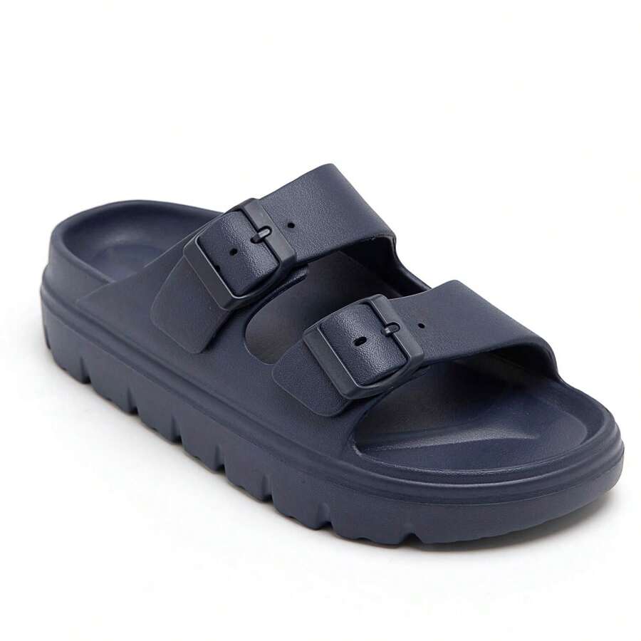 Slide Sandals With Double Buckle Straps And Chunky Sole - Blue - View 1