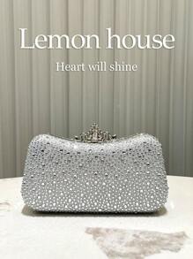 1 pieza de bolso de noche elegante de lujo con pedrería y brillo azul marino, bolso de mano de moda con cierre de pedrería, adecuado para banquetes, fiestas, bodas, galas, regalo ideal para - Plata 2 - Ver 3