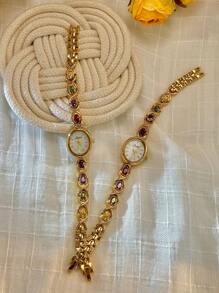 1pc Elegant & Luxurious Gemstone Ladies Watch, Fashionable, Vintage Style With Pearl Dial, Suitable For Social Gatherings, Parties, Vacations, Daily Wear, Birthday Or Holiday Gift