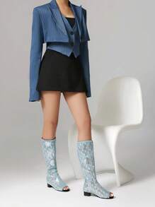 2025 Spring New Women Summer Long Boots, Roman Hollow Out Net Boots, High Shaft Sandals, Mesh Boots, Rear Zipper Open Toe High Boots, European & American Style - Light Blue - View 7