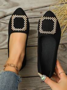 女士尖头平底鞋，新款软底一脚蹬乐福鞋，低跟防滑工作/休闲办公鞋，时尚水钻装饰，轻便透气纯色平底鞋 - 黑色 - 查看 2