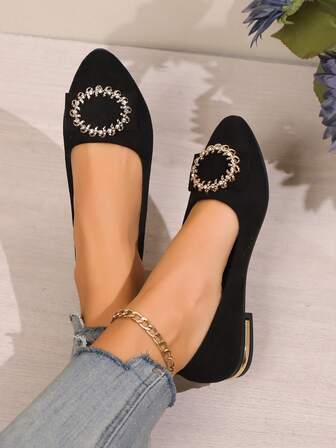 Women Flat Toe Pointed Slip-On Shoes, New Soft Sole Low Heel Casual Loafers, Non-Slip Office Work Shoes, Fashion Rhinestone Lightweight Breathable Solid Color Flats