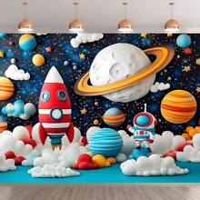 1 Piece Vibrant Space Adventure Background With Astronauts And Rockets - Wall Decor For Photo Booths, Birthdays, Anniversaries, Holiday Parties - Easy To Hang, Perfect For Indoor And Outdoor Use, Space Room Decor