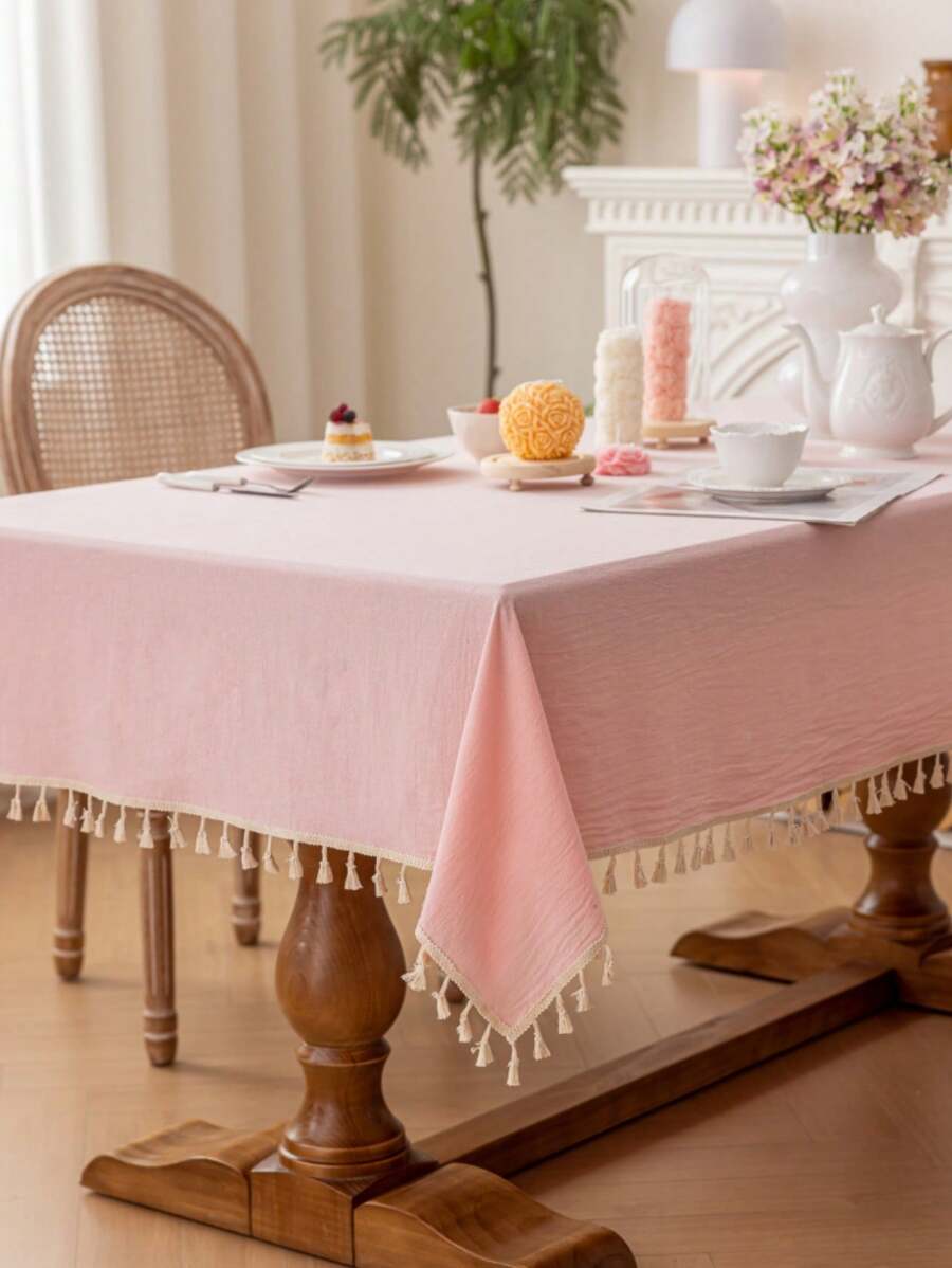 1pc Pleated Textured Pink & White Tassel Tablecloth, Simple & Versatile Rectangular Tablecloth, Suitable For Parties, Weddings, Birthdays, Holidays, Valentine's Day To Decorate Coffee Tables And Nightstands