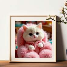 1pc Pink Dress Kitty 5D Diamond Painting Kit - Adult DIY Full Round Diamond Painting Canvas Art Set With Tools, Unframed Home Wall Decor Handcraft, 7.87x7.87inch