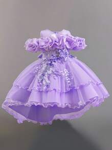 Young Girls Lace Applique Tulle Elegant Runway Model Performance Dress, Suitable For Parties And Birthdays