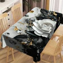 1pc Elegant White Rose Tablecloth, Polka Dot Black Leaf And White Flower Contrasting Design, Stain-Resistant And Washable Polyester Rectangular Table Cover For Home Kitchen Dining Room, Party Picnic Decor - Black and White - View 12