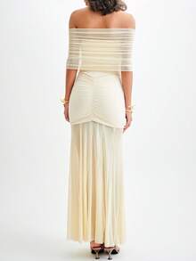 Elegant Solid Off Shoulder Ruched Bodycon Party Dress - Khaki - View 4