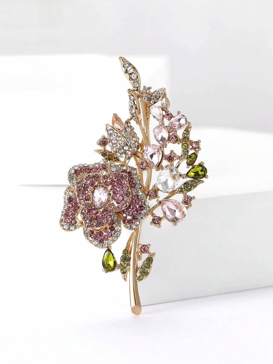 时尚女士水钻玫瑰胸针植物胸针礼服套装别针配饰派对宴会礼物