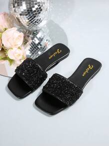 Sandalias planas para mujer de talla grande, estilo vacacional, estilo casual de verano, versátiles con rhinestones, tipo slip-on - Negro - Ver 5