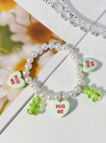 1 件可爱卡通熊心和人造珍珠串珠弹性手链女士 - 愛心小熊串珠手鍊 - 查看 12