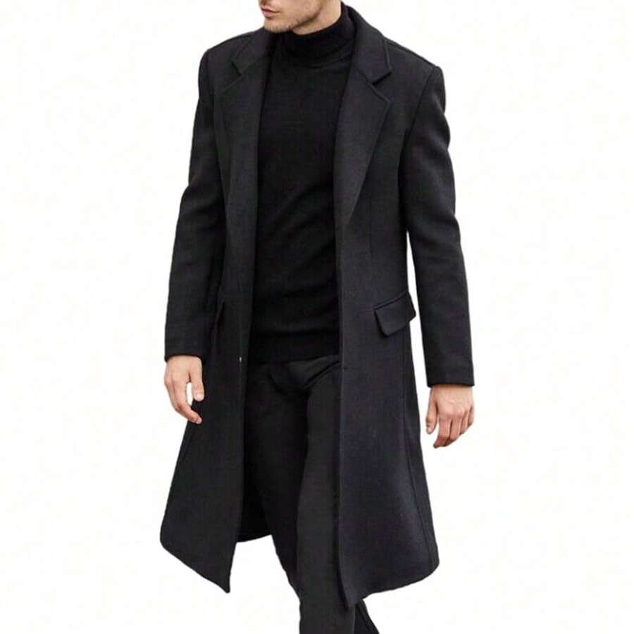 Men's Casual Trench Coat Slim Fit Notched Collar Long Jacket Overcoat Single Breasted Pea Coat Wih Pockets - màu đen - Xem 1