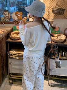 蝴蝶结双面不对称肩部薄款蕾丝拼布长袖宽松罩衫 - 杏色 - 查看 6