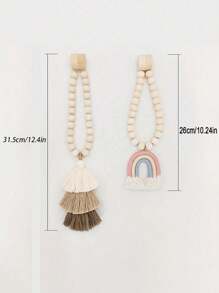 1Pair Wooden Curtain Hook Magnetic Beaded Tassels Tri-Colored, Boho Wooden Curtain Holder With Tassels No Drilling, For Office, Bedroom, Living Room