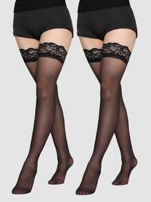 3/2/1 双女式过膝长袜，透明蕾丝过膝袜