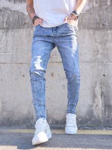 Men's Pocketed Skinny Fit Casual Jeans, Versatile - Light Wash - View 1