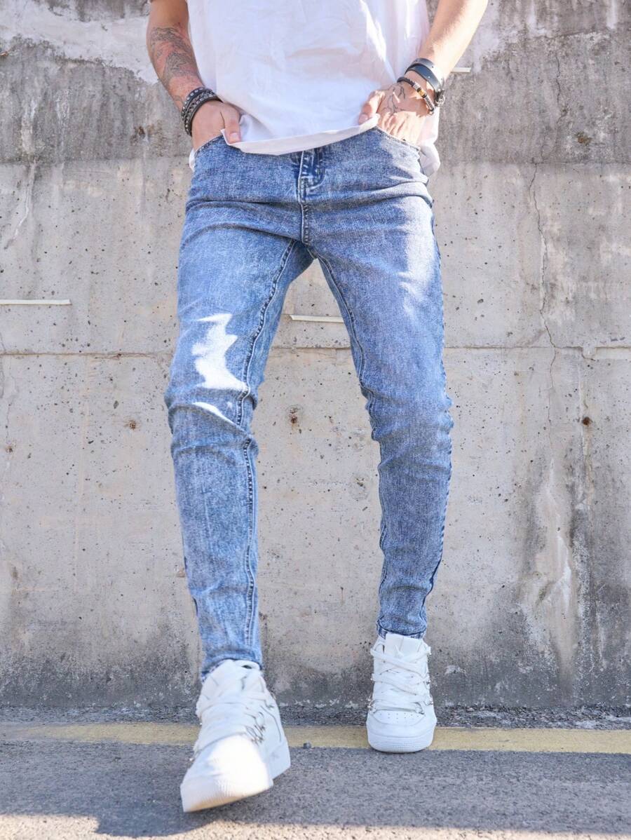 Men's Pocketed Skinny Fit Casual Jeans, Versatile - Light Wash - View 1