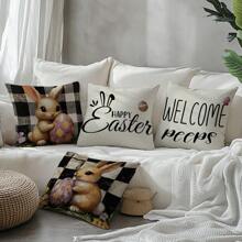 4 件套复活节复古黑白格子兔子枕套套装，单面印花毛绒天鹅绒，45 * 45 厘米/18 * 18 英寸靠垫套适用于现代布艺沙发室内装饰、派对装饰、礼物 - 彩色 - 查看 5