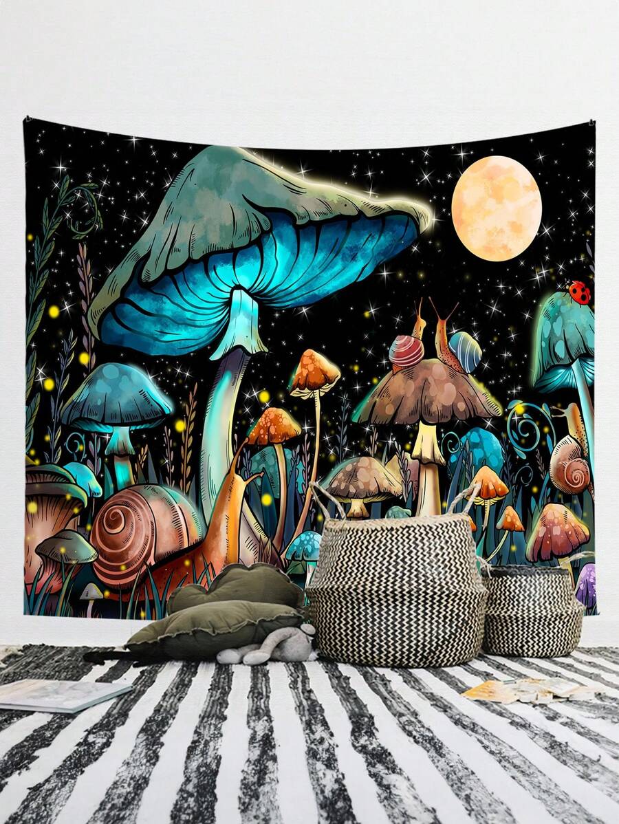 90gsm 梦幻蘑菇壁挂画，带有夜空月亮和蜗牛，桃色天鹅绒家居装饰背景 - 蘑菇森林 - 查看 1