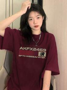 2025 夏季印花短袖 T 恤，时尚街头品牌女士上衣，百搭半袖设计 - 酒紅色 - 查看 5