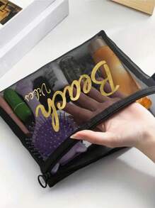 玫红色和金色闪亮字母 Maestra 网眼化妆包、口红和气垫粉扑收纳便携式化妆包、透明收纳包盥洗包旅行袋、夏威夷休闲度假风格化妆包化妆包护肤包盥洗包收纳袋、旅行必需品邮轮必需品宿舍必需品