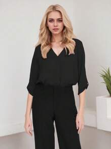 SANOPY Womens Blouses,Blouses For Women Dressy Casual,Blouses For Women Business Casual,Work Blouses For Women,Women's Casual Chiffon V Neck 3/4 Sleeve Blouse Tops - 黑色 - 查看 1