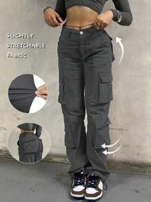 GILIPUR Damen Einfarbige Gerade Bein Lässig Utility Hose - Dunkelgrau - Übersicht 1