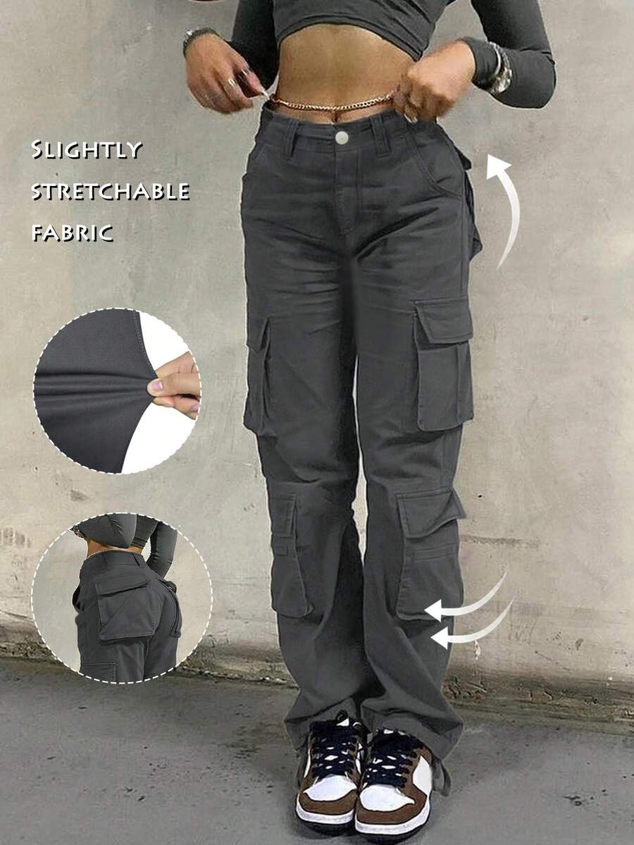 GILIPUR Damen Einfarbige Gerade Bein Lässig Utility Hose - Dunkelgrau - Übersicht 1