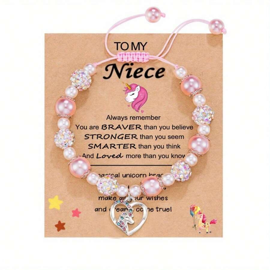 1pc Adjustable Unicorn Shaped Pendant Pink Beads Bracelet With Blessing Card, Jewelry Accessory - Pink - View 1