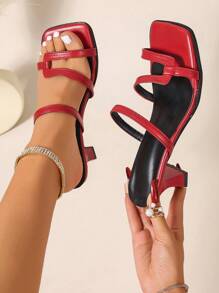 Summer Women High Heel Shoes, Retro Square Toe Strap Design High Heel Sandals, Fashionable Solid Color Chunky Heel Comfortable Slide Slippers
