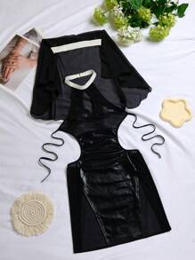 Christmas Valentine's Day Gift Lingerie Set, Women's Sexy Sheer Mesh Cross Halter Backless Teddy With Robe Costume - Black - View 8